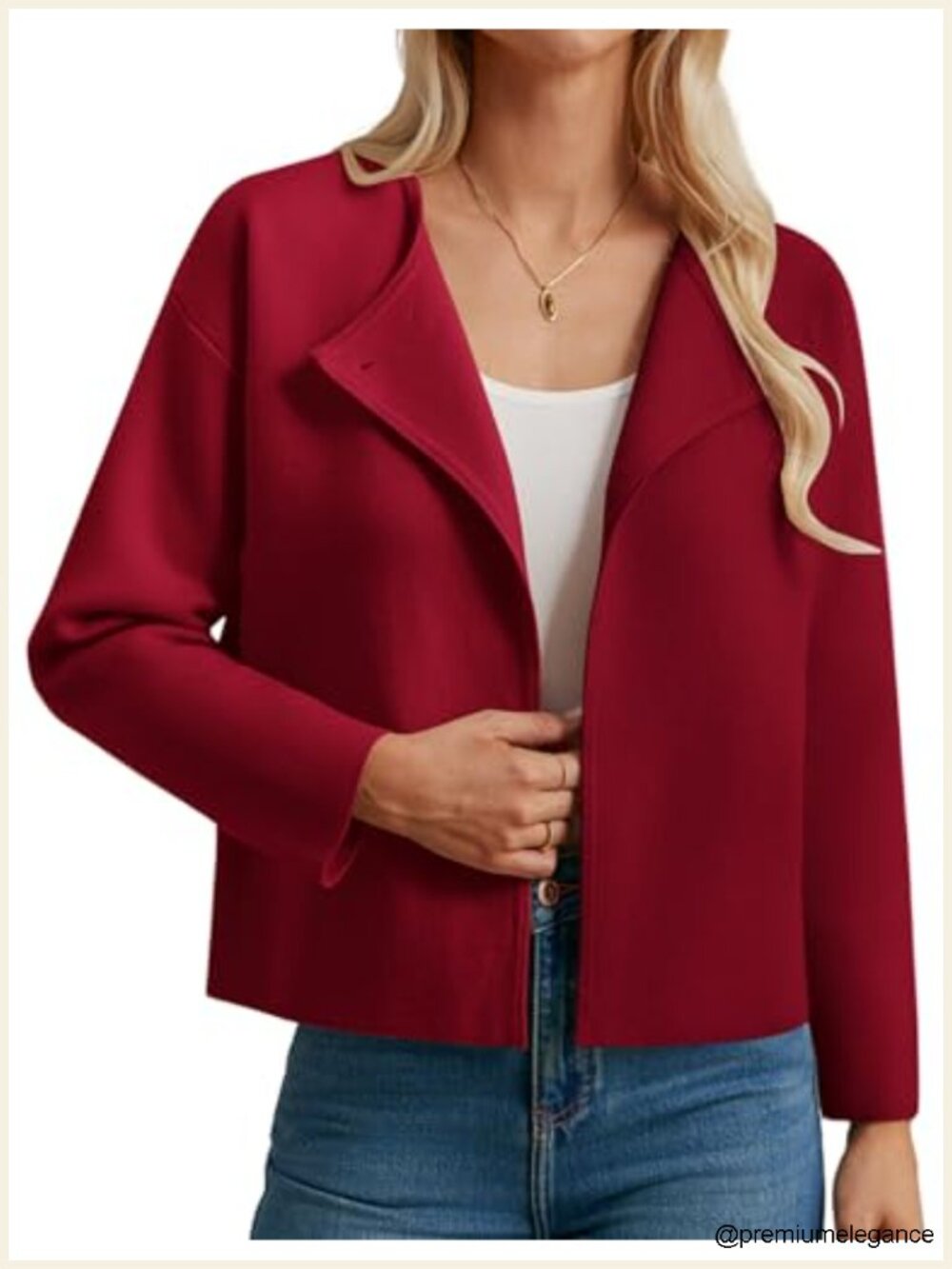 Cropped Knit Sweater Blazer, Open Front, Notch Collar, Long Sleeve, Casual